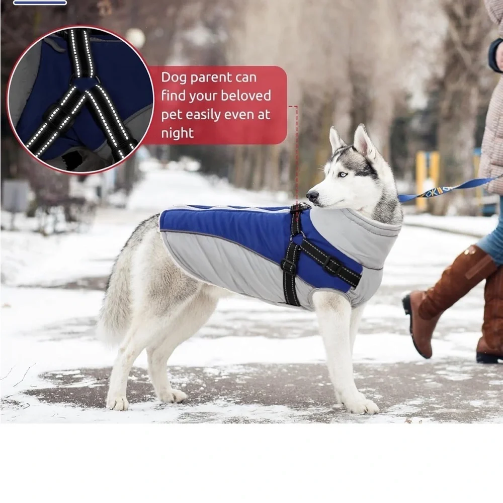 Dog Coat, Extra Warm fleece Winter Dog Jacket with Harness Built in, Grey/Blue M